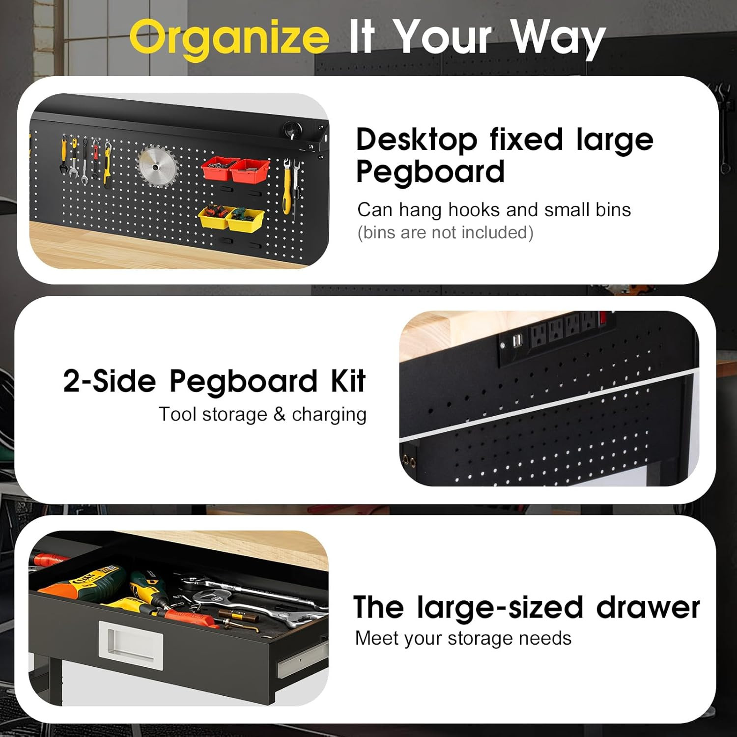 60" Adjustable Work Bench with Drawers, Workbench for Garage with Strip Light, W