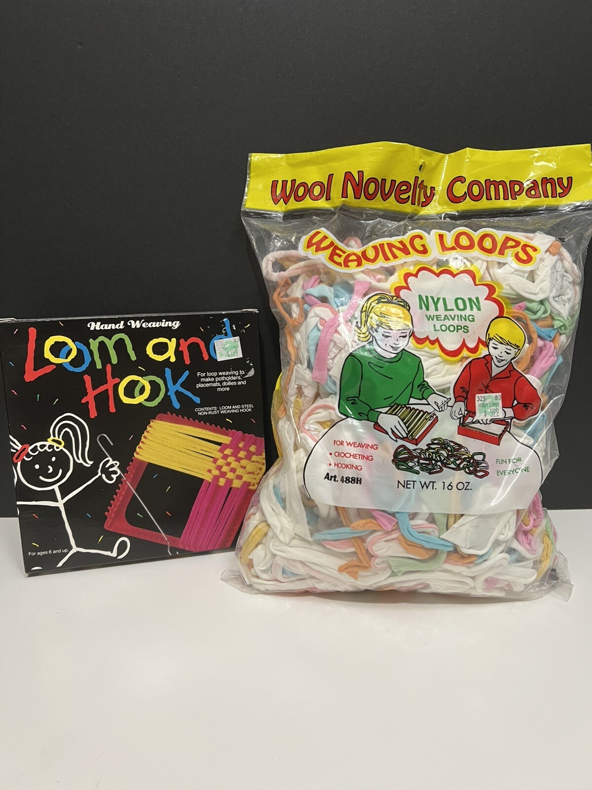 Vintage 1985 Wool Novelty Co 16 Oz Bag Of Nylon Weaving Hoops and Loom And Hoop