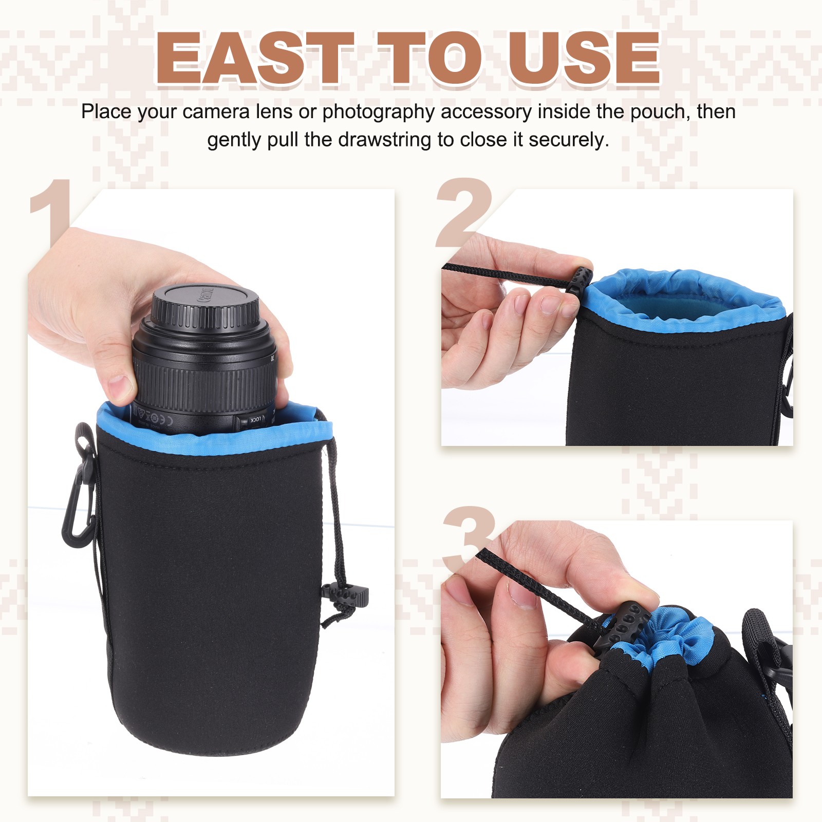 Camera Lens Pouch, 4" ID x 10" H Drawstring Lens Pouch, Black