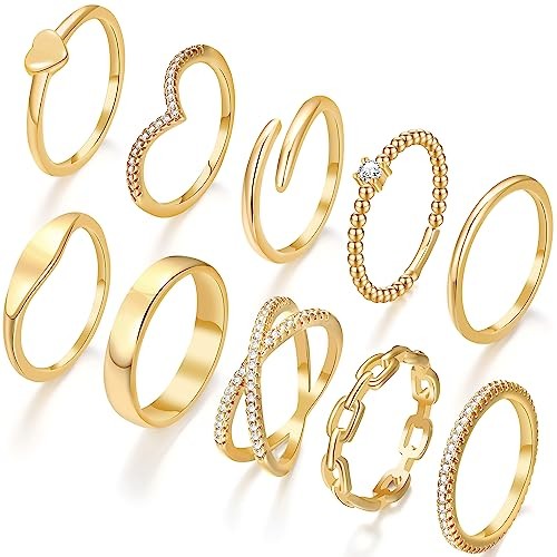 10 PCS Dainty 14K Gold Rings for Women, Open Twist Simulated Diamond 6 gold