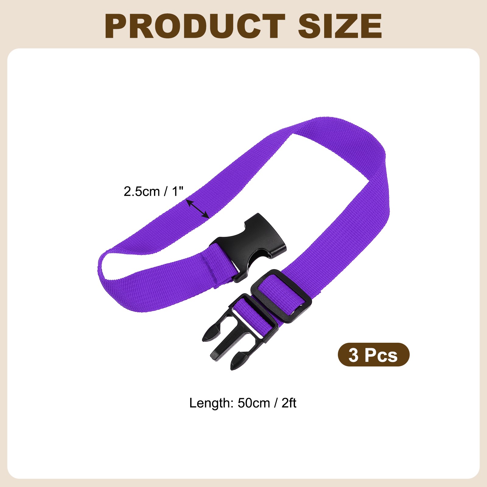 3pcs 1" x 2ft Utility Straps with Quick Release Buckle Adjustable, Purple