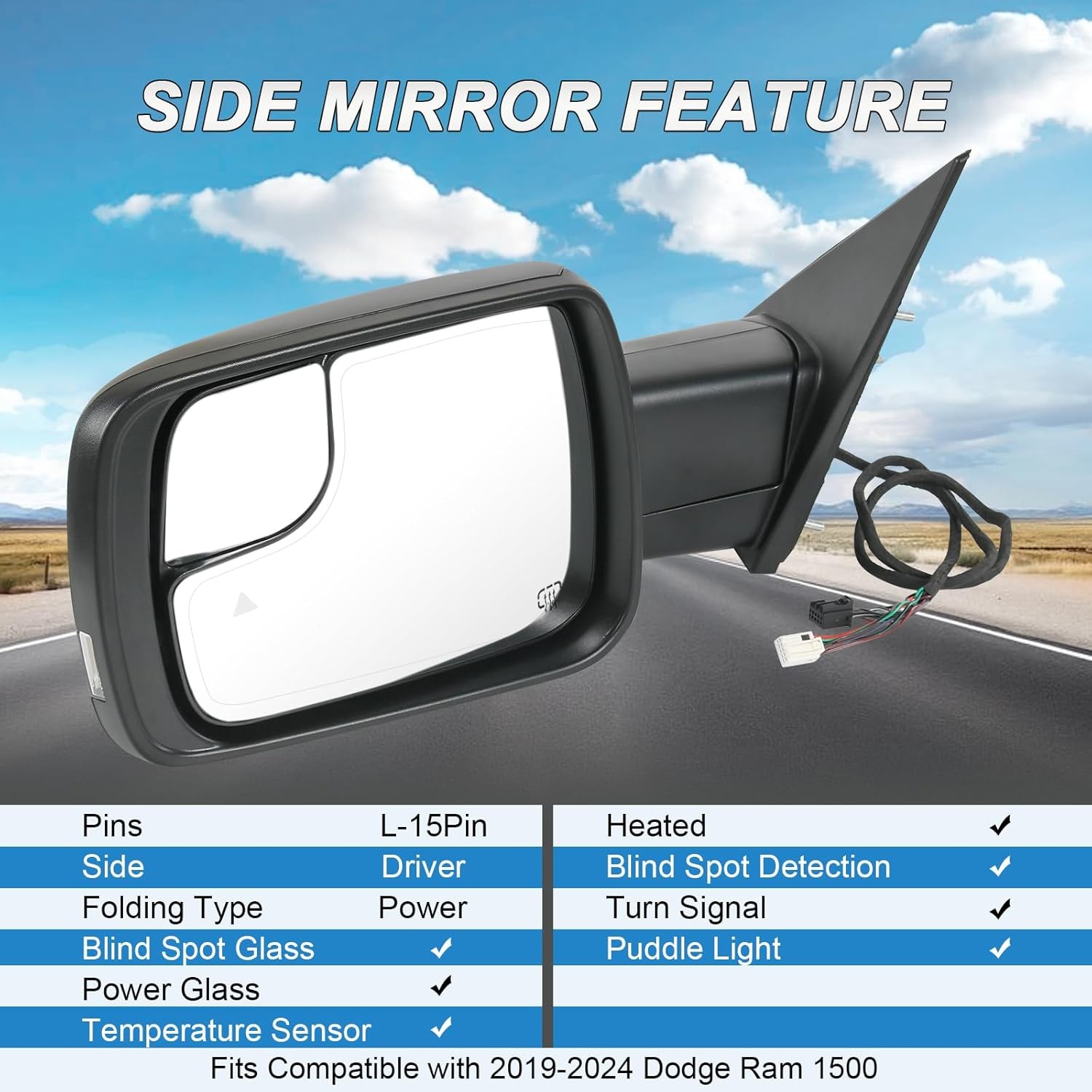 For Dodge Ram 1500 2019-2026 Left Driver Side Mirror Heated Signal Blind Spot