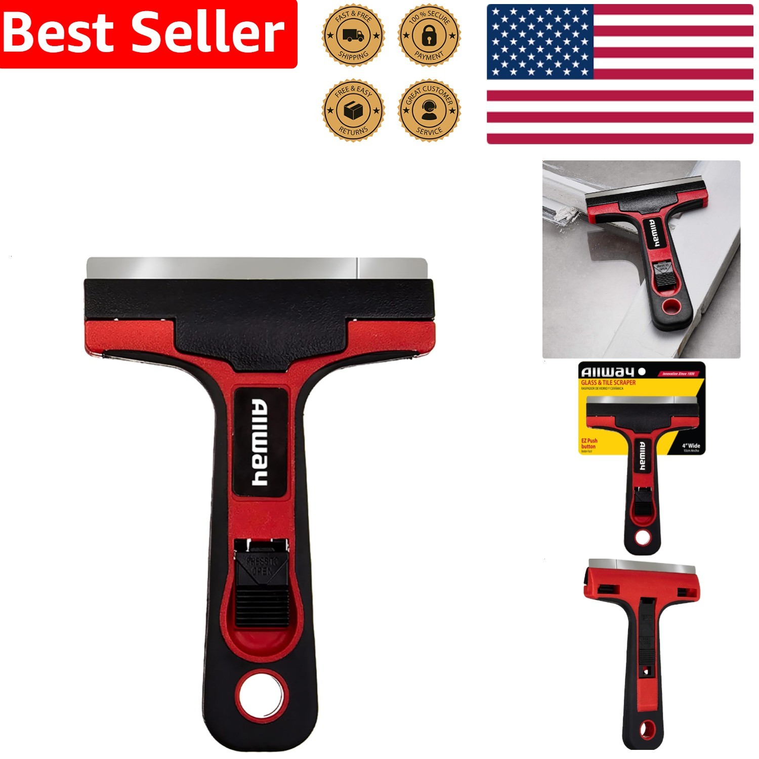 GTS Soft-Grip Glass Tile Scraper 4-Inch Paint Remover Dual Molded Handle