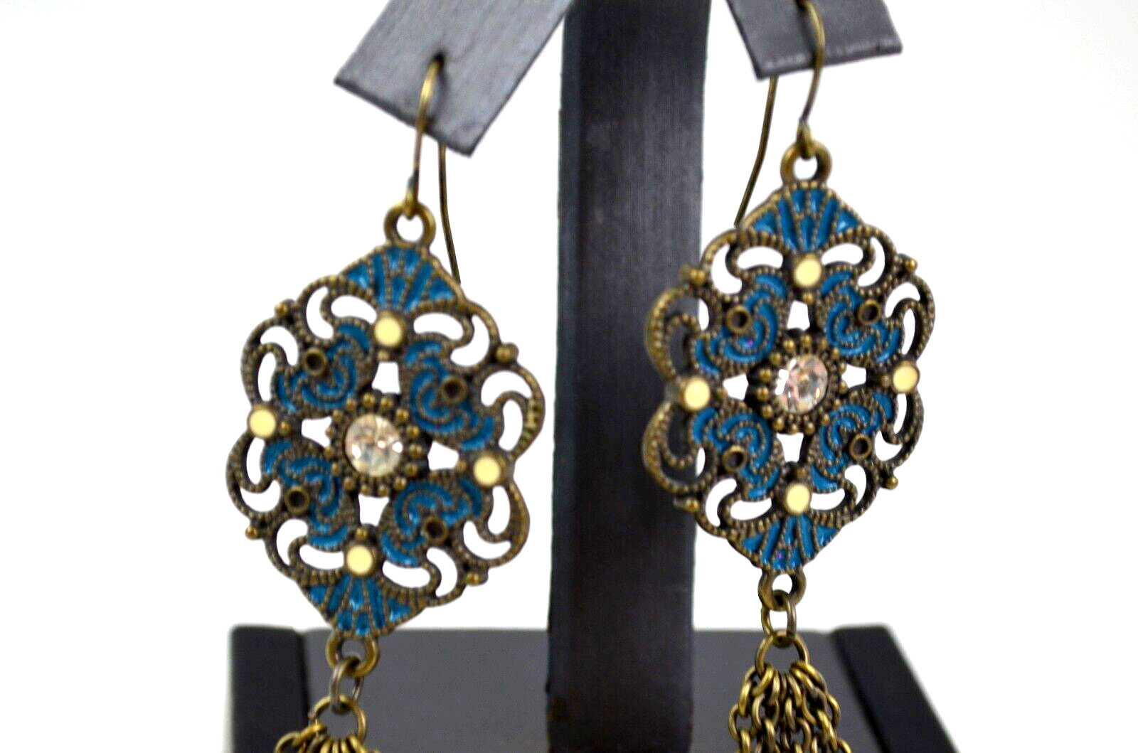 Dangle Pierced Hook Earrings Blue w/ Clear Center Rhinestone & Chain Dangles