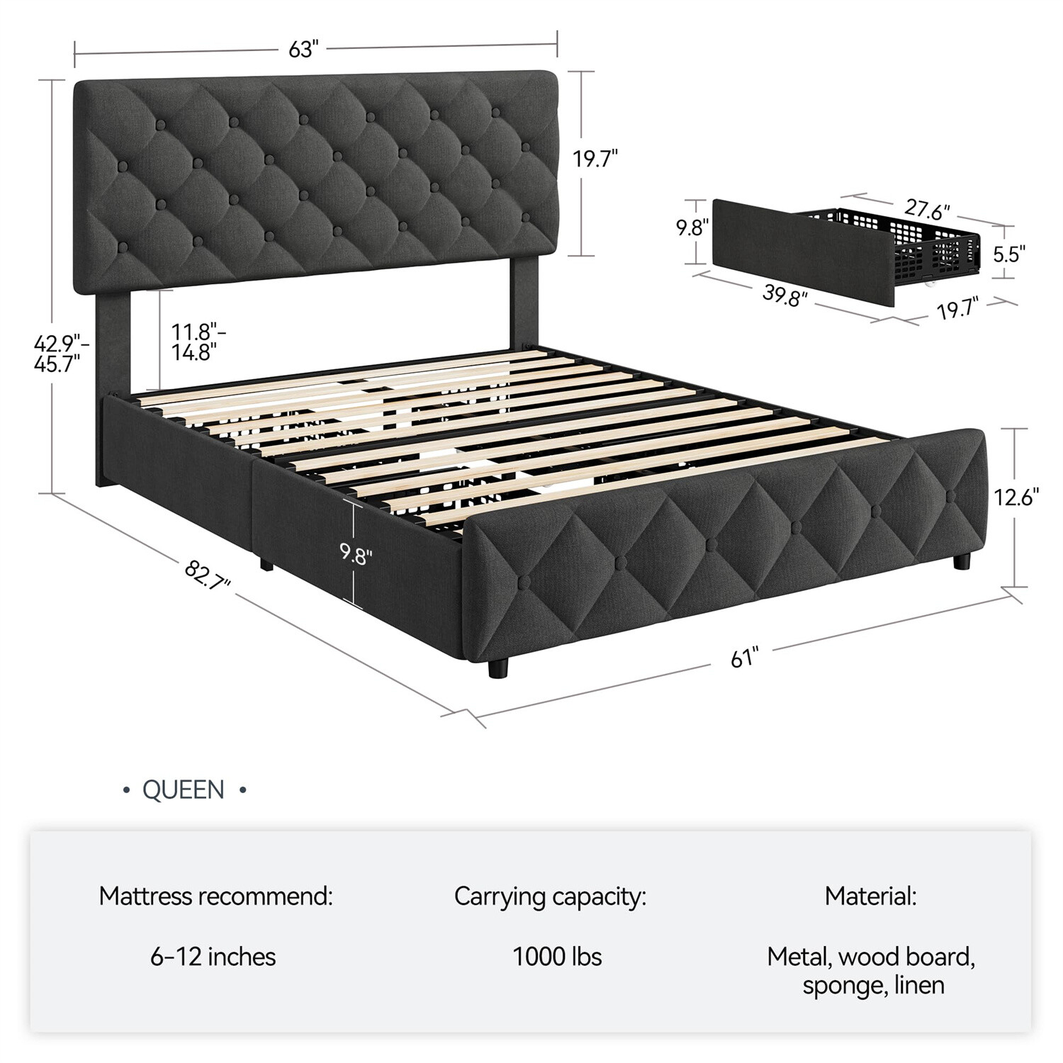 ✅Queen Size Bed Frame with 4 Storage Drawers and Headboard Upholstered Platform