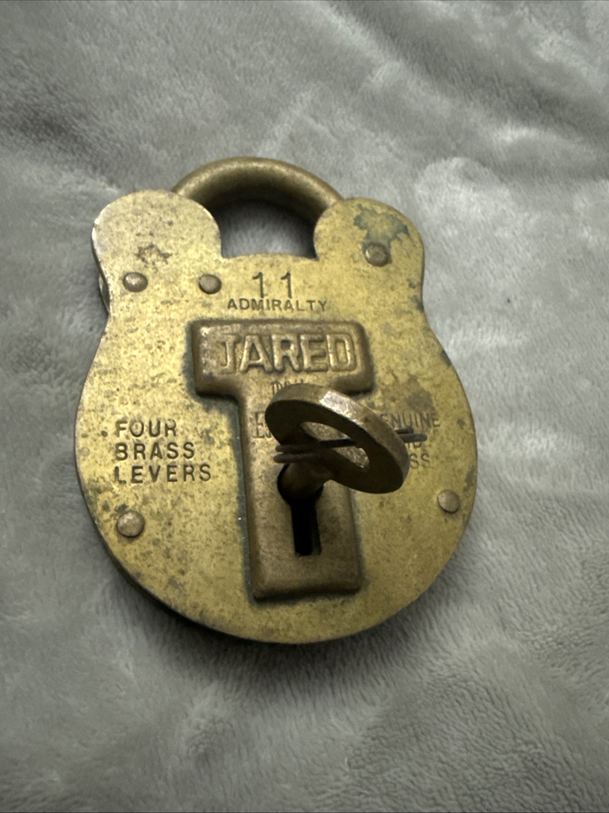 Jared Old English Solid Brass Padlock Four Levers Admiralty #11 Antique with Key