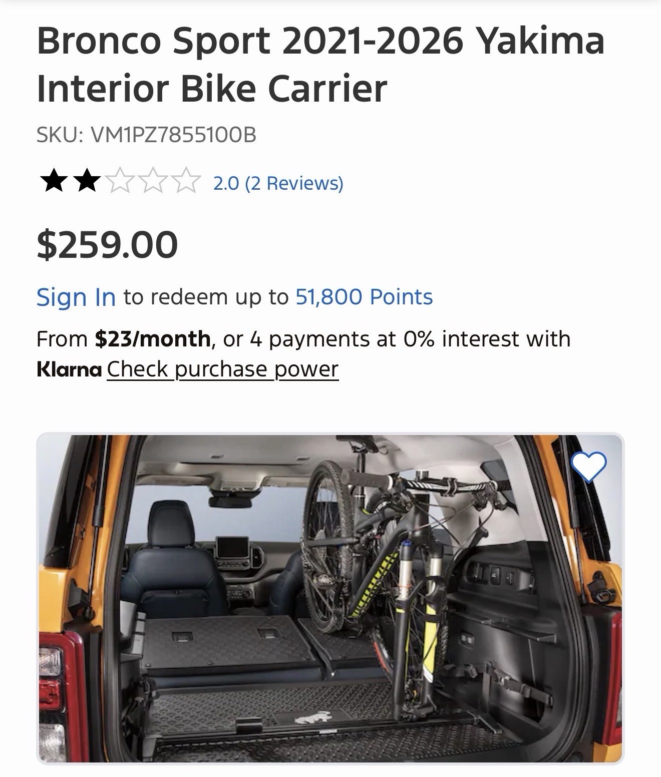 Bronco Sport 2021-2026 Yakima Interior Bike Carrier SKU: VM1PZ7855100B