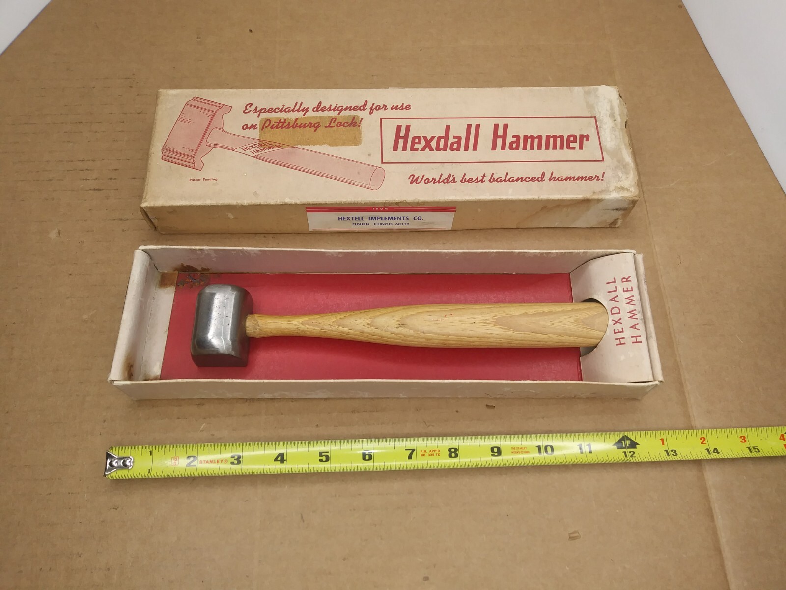 IV936 Vintage Hexdall Pittsburg Lock Hammer With Box Wood Handle Elburn Illinois