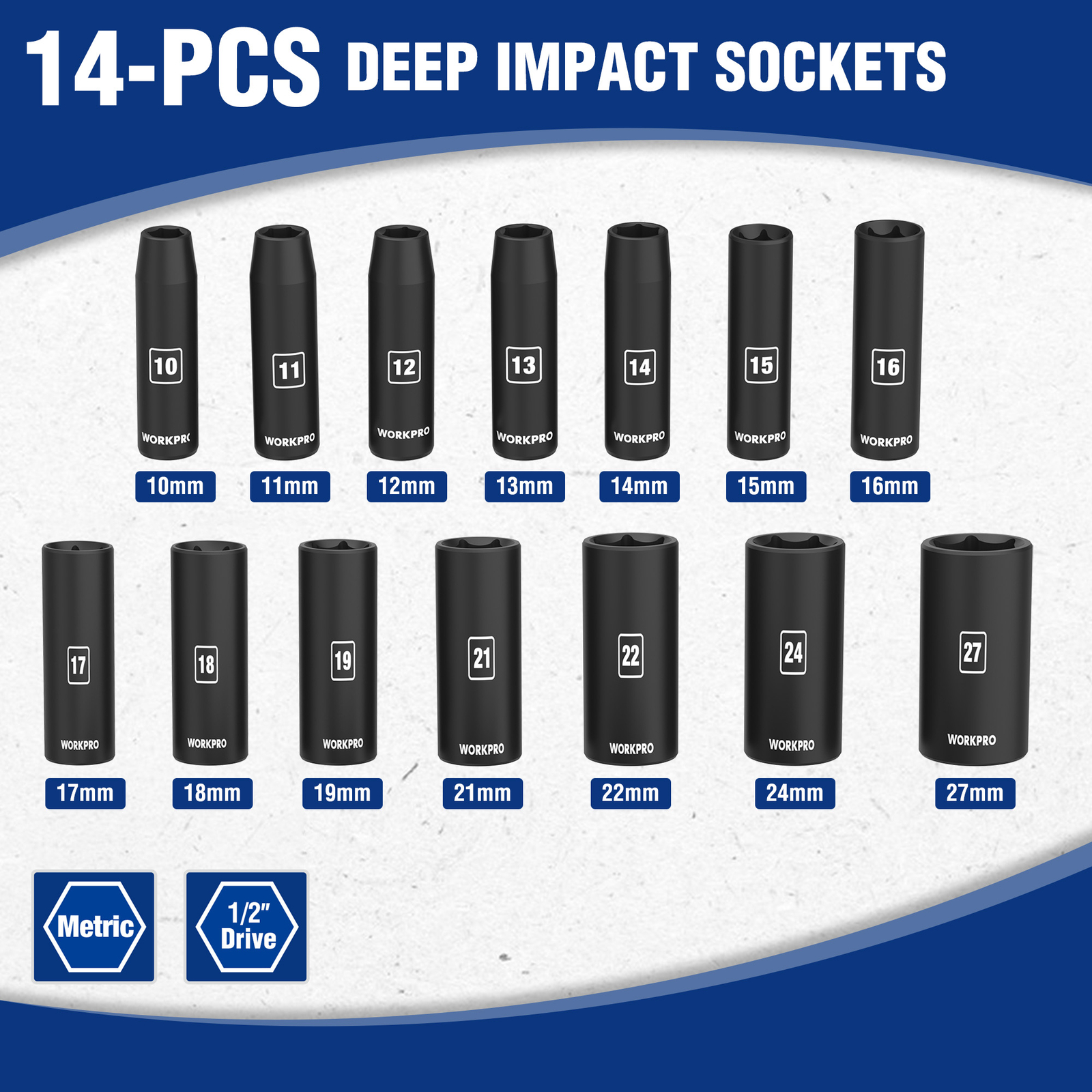 WORKPRO 1/2''Drive Deep Impact Socket Set 6-Point Impact Deep w/Storage Case14pc