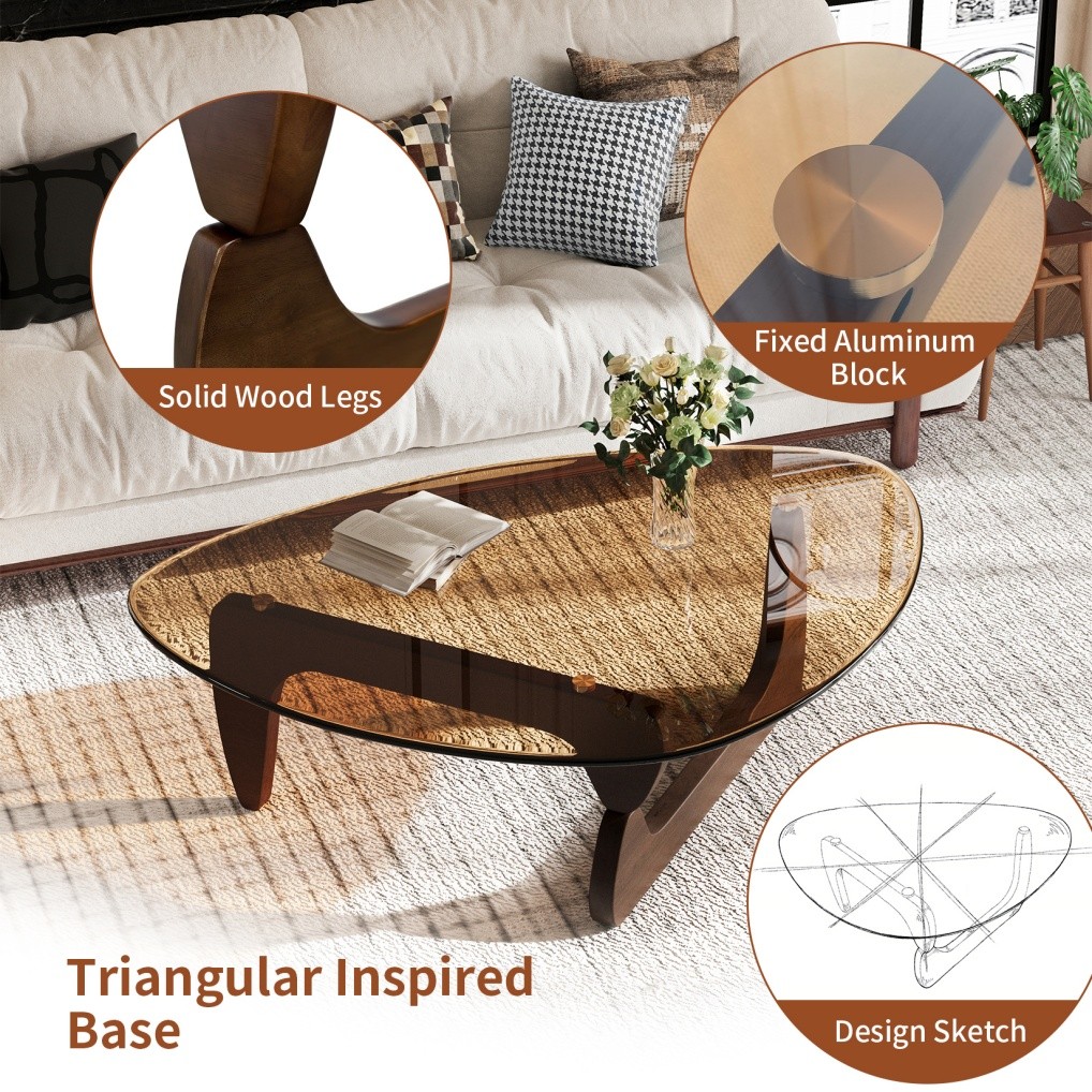 Noguchi Coffee Table Triangle Glass Top Premium Solid Hardwood Base Dark Walnut