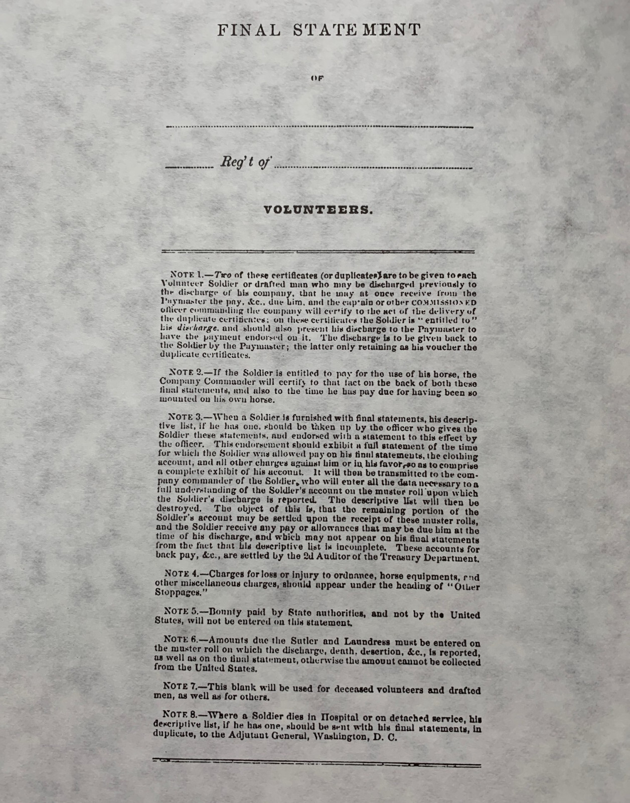 Civil War Discharge Paper Blank Forms