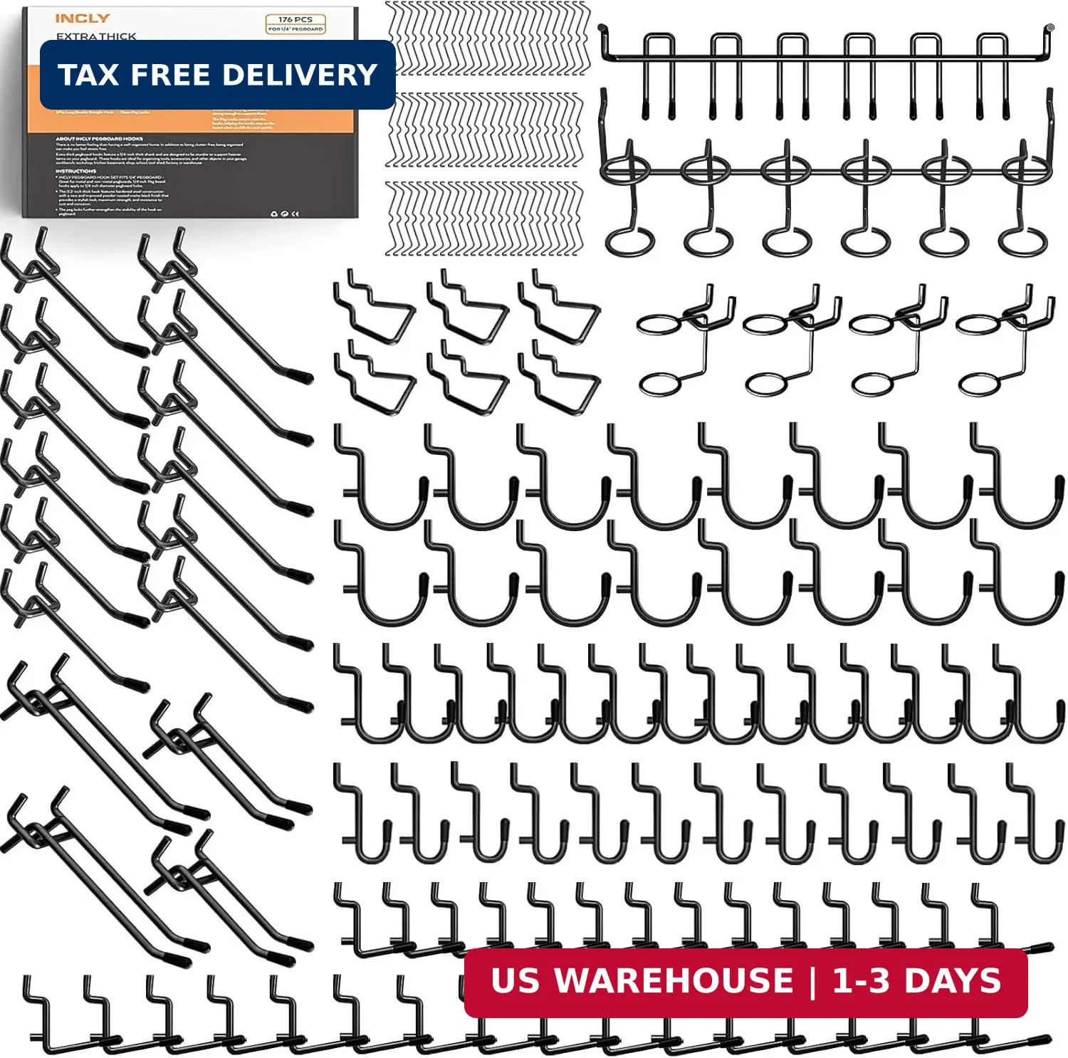 176PCS Extra Thick Pegboard Hooks, 1/4" Heavy Duty Black Metal Peg Board Hooks A