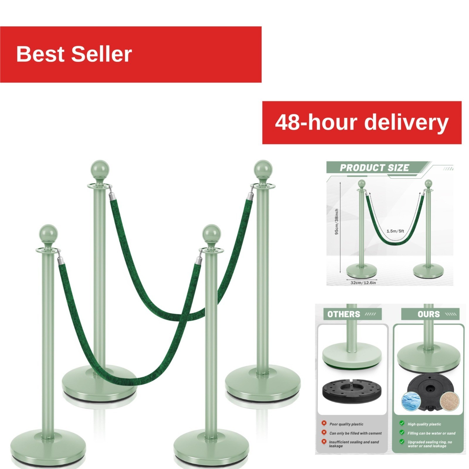 Ferraycle 4 Pcs Stainless Steel Stanchions with Green Velvet Ropes