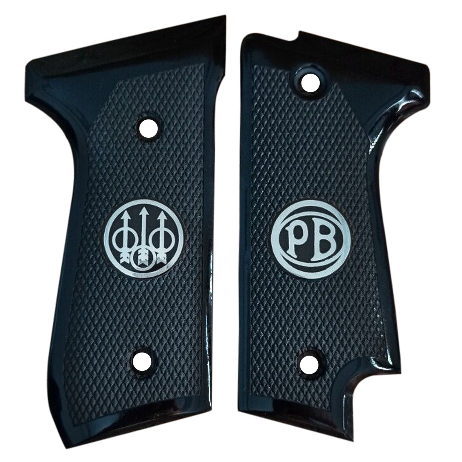 Beretta 92S  92-S Acrylic Grips Black Engraved Hand Made grip Silver Metal Logo