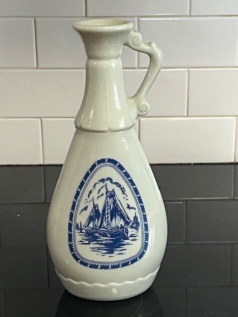 1963 Jim Beam Decanter Bottle Featuring a Delft Blue Sailing Ship on the Front