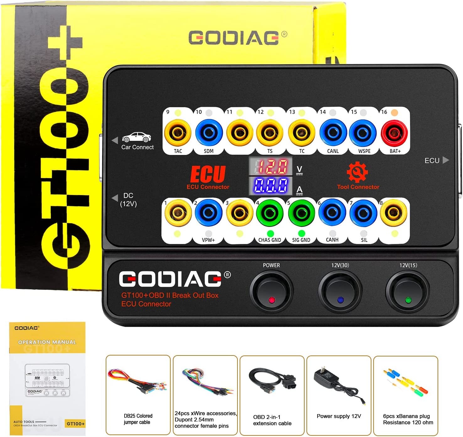 GODIAG GT100+ GT100 Pro OBDII Breakout Box E-C-U Bench Connector Current Display