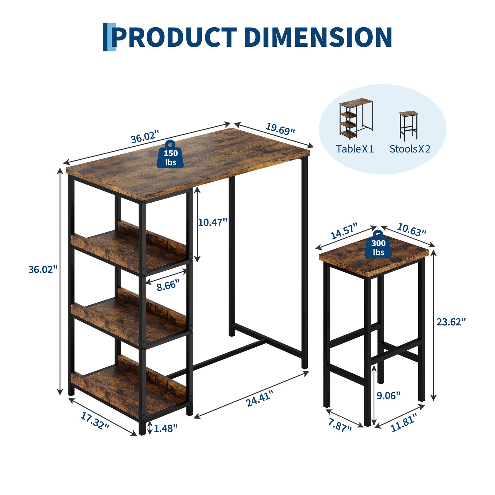 3-Piece Kitchen Table Set with Storage Shelves & 2 Bar Stools for Small Spaces