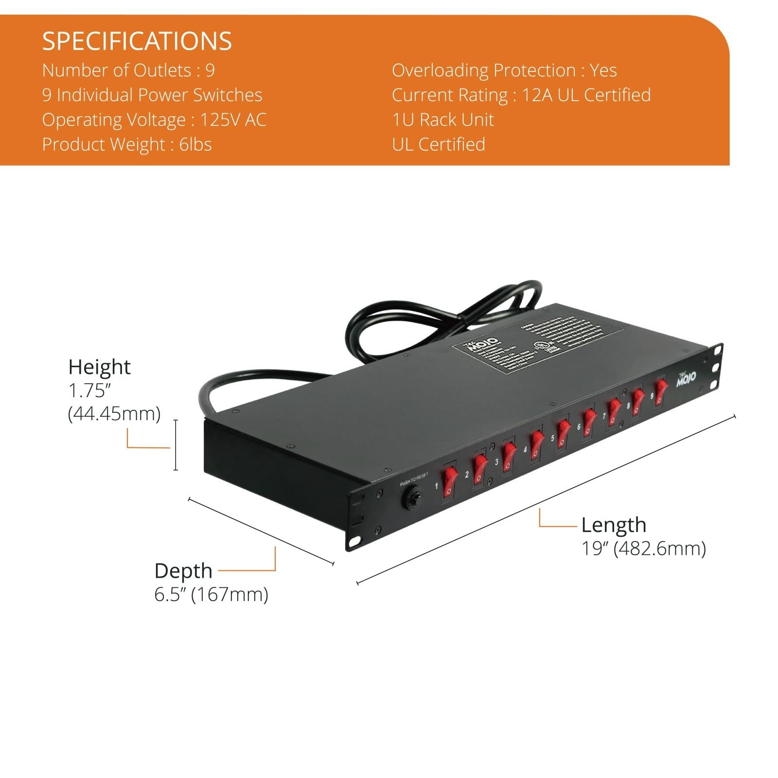 9-Outlet Rack Mount 9 Outlets/12A/Overloading Protection, Black