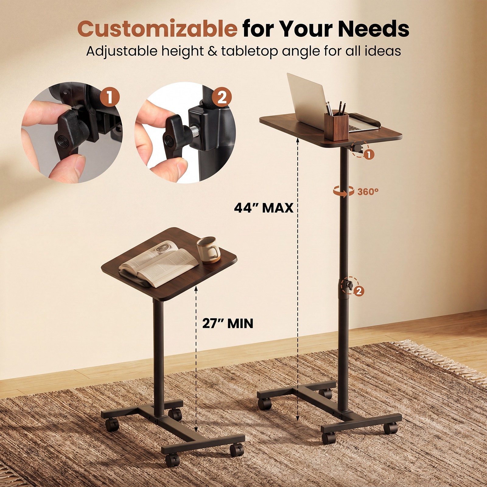 Overbed Table w/Lockable Wheels, Adjustable Height, 360° Swivel for Small Spaces