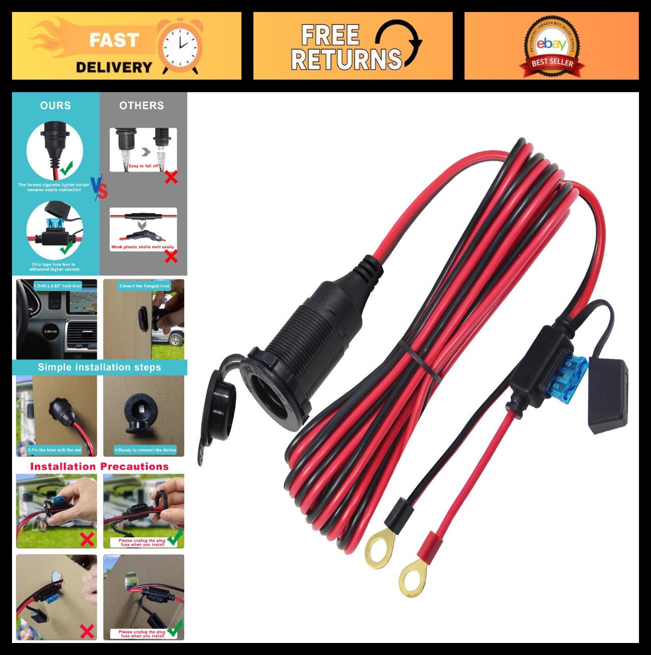 12V Cigarette Lighter Socket Replacement - 13FT DC Power Cable with Fuse for Car