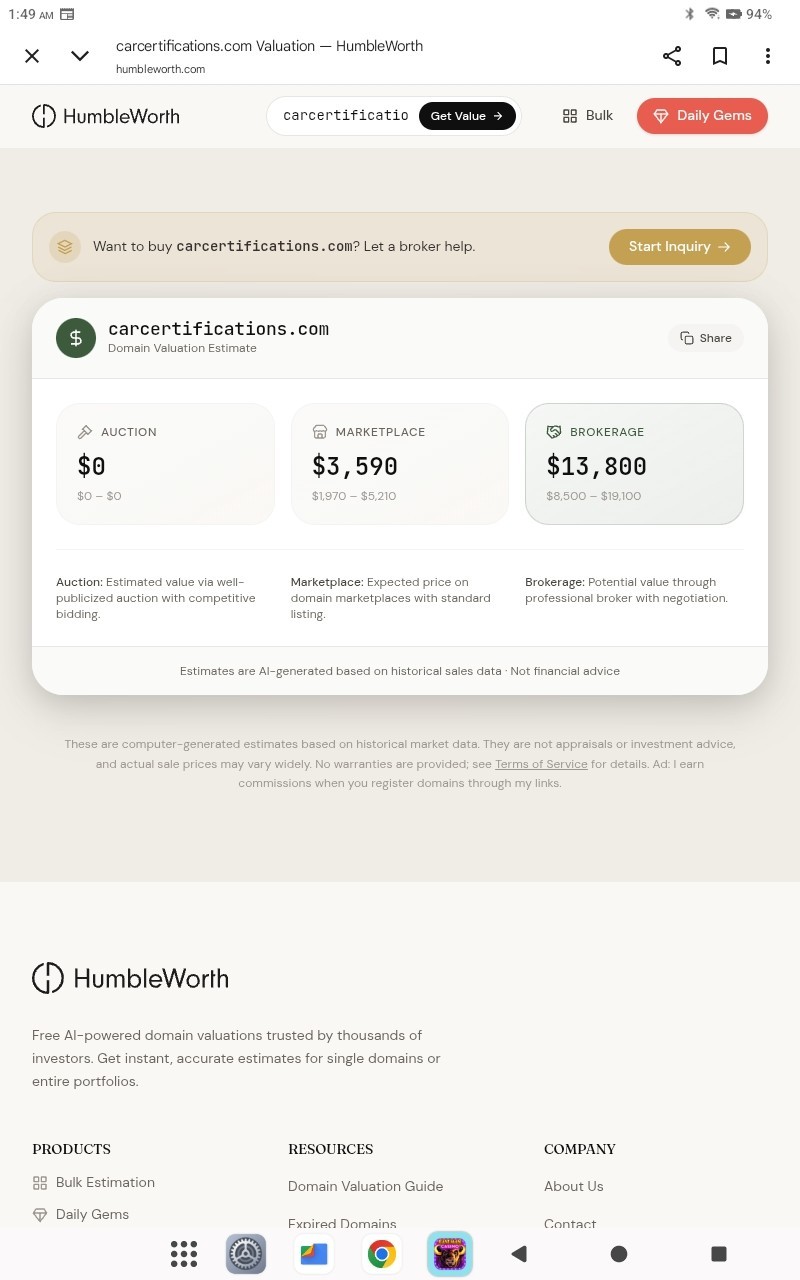 💥CARCERTIFICATIONS.COM ESTIMATED VALUE IS $771.00-$13,800.00