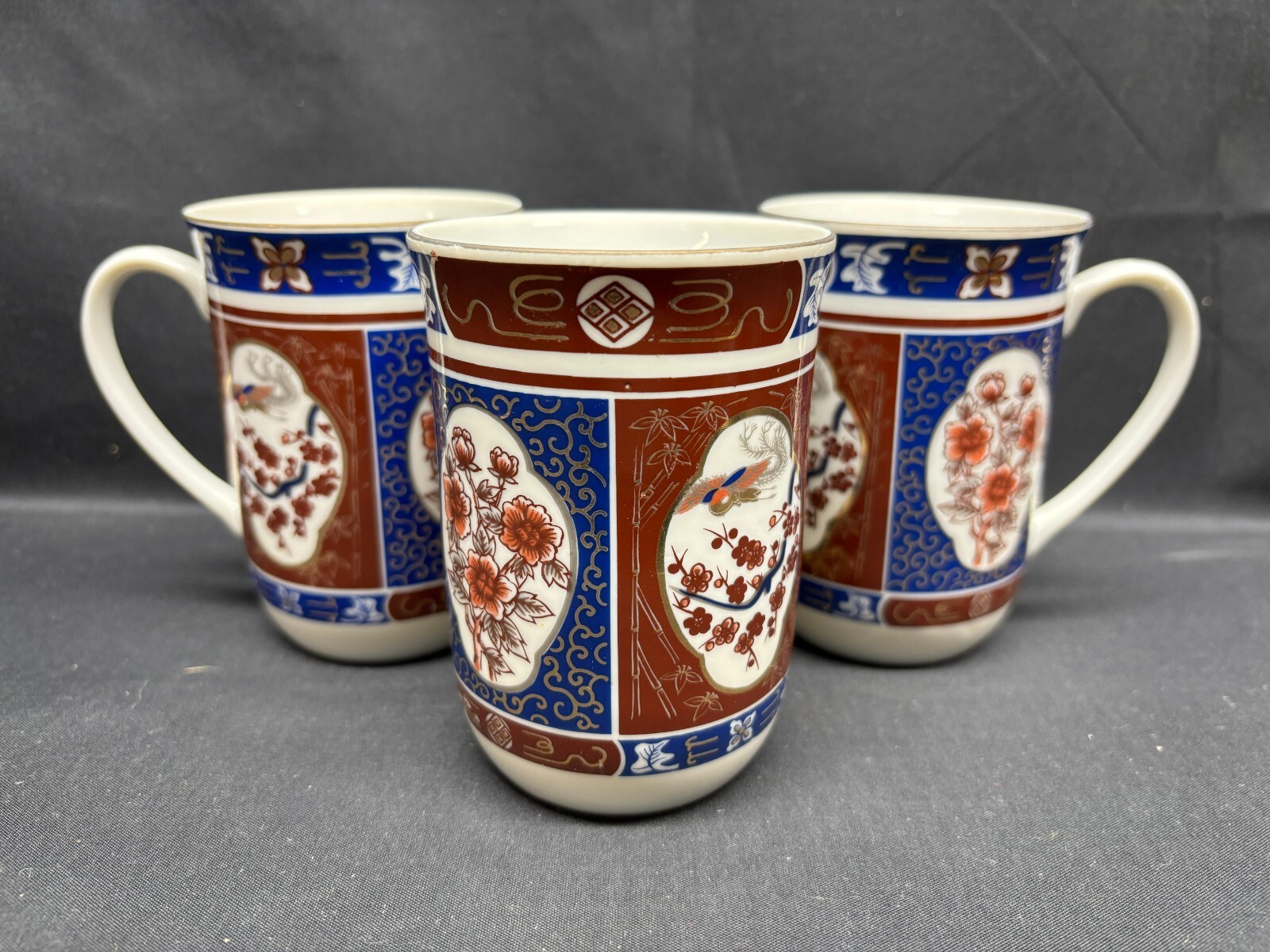 Set of 3 ~ Vintage Interpur "FLORAL" Japanese Mugs ~ 4" Tall