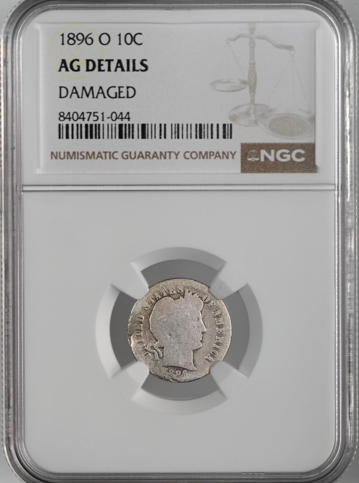 1896-O  10C BARBER SILVER DIME  NGC AG DETAILS "DAMAGED"   #8404751-044