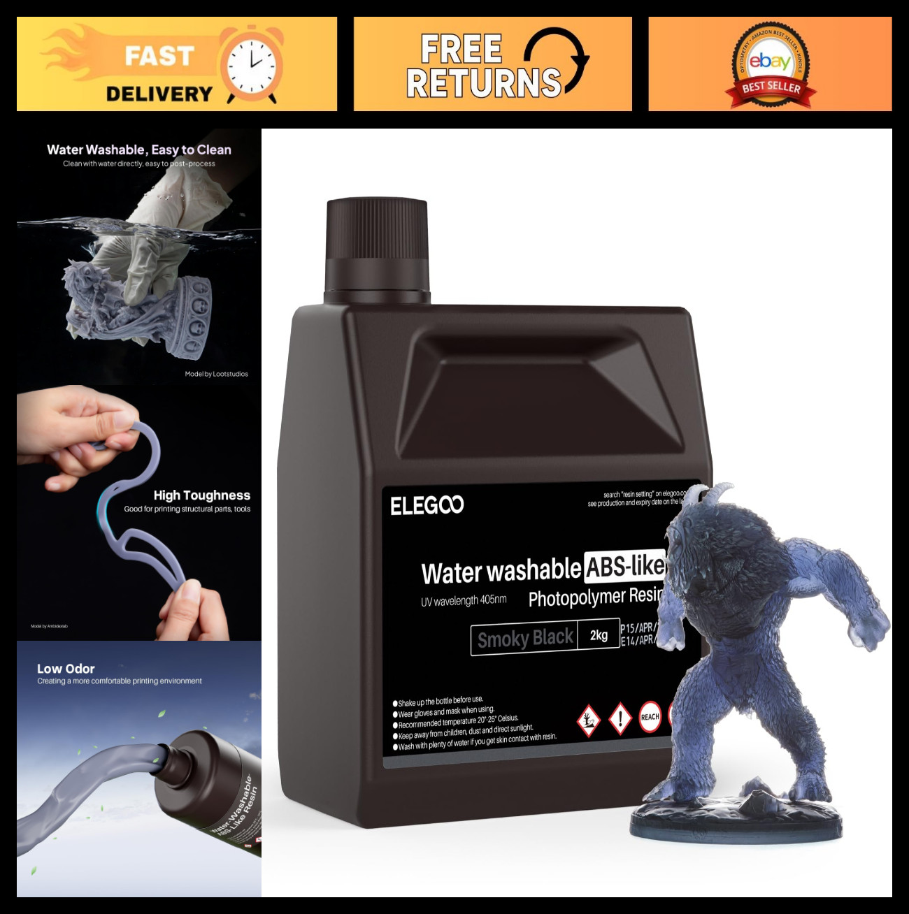 Water Washable ABS-Like 3D Printer Resin Smoky Black 2000g | High Durability, Lo