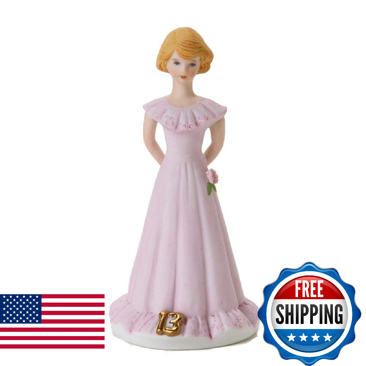 Enesco Growing Up Girls “Brunette Age 13” Porcelain Figurine, 5.5”, Golden,pink