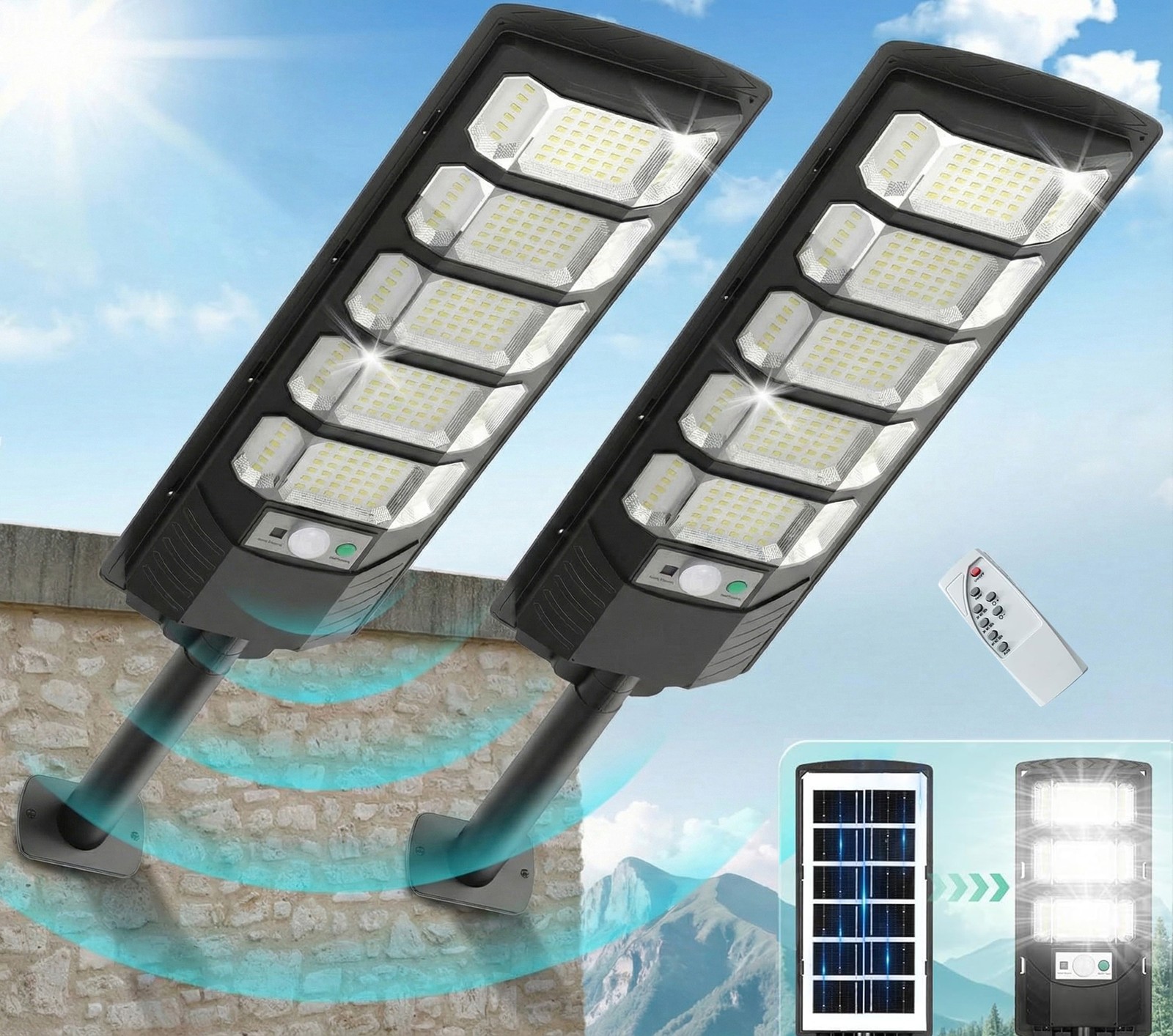 2PCS 540 LEDs 6500K Solar Street Lights Outdoor Dusk to Dawn W/Motion Sensor NEW