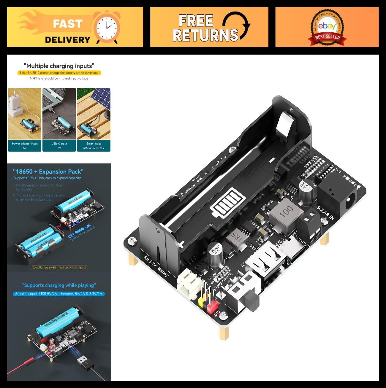 MPPT Solar Charge Controller for 18650 Li-ion Battery, USB-C, 5V/2A Output, Mult
