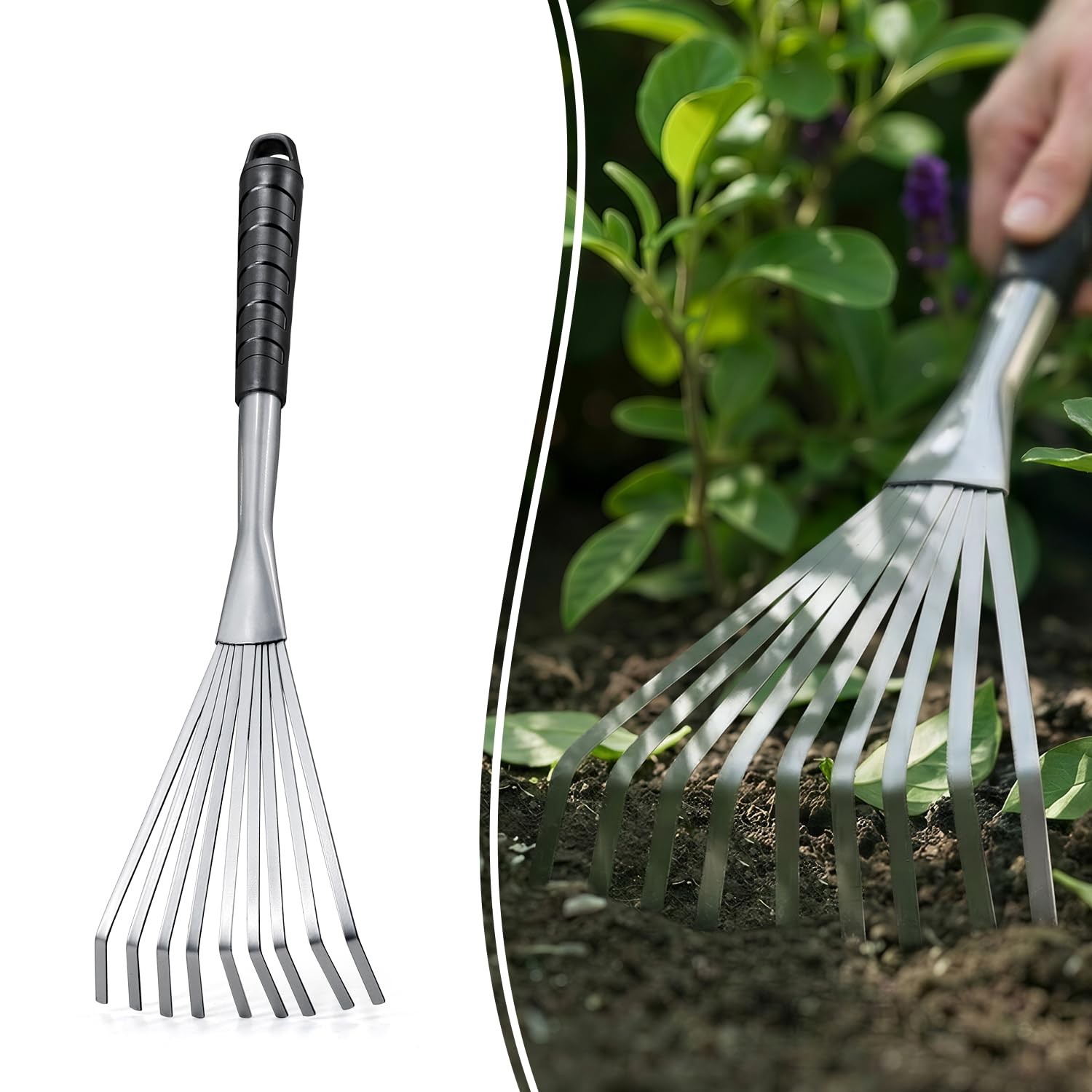 Hand Rake 16.5", Small Rake for Gardening with 9 Resilient Flat Tines, Metal ...
