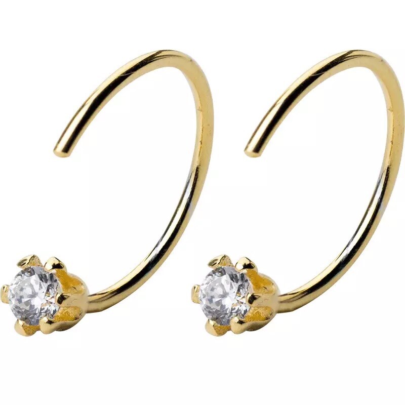 9CT GOLD 12mm CZ CRYSTAL PARTIAL HOOP EARRINGS - 375 - SOLID 9K GOLD + GIFT BOX