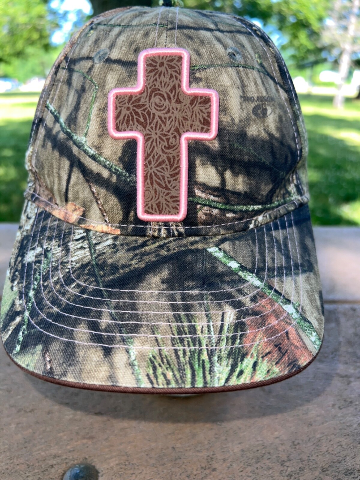 Camouflage Green Tan Brown w Pink Brown Christian Cross Ladies Hat Cap HookLoop