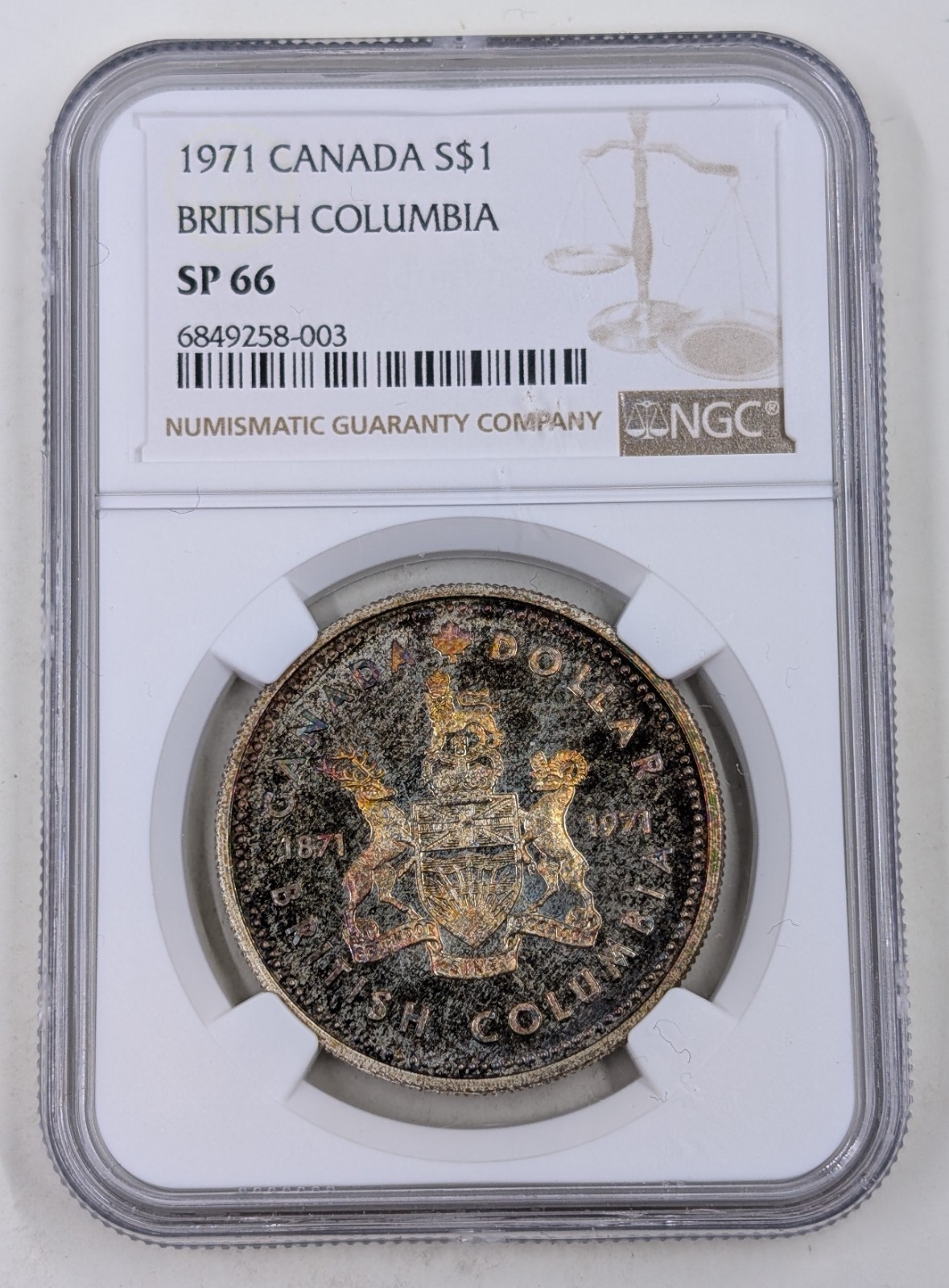 1971 Canada British Columbia Silver $1 One Dollar NGC SP66 RAINBOW TONER KM#80