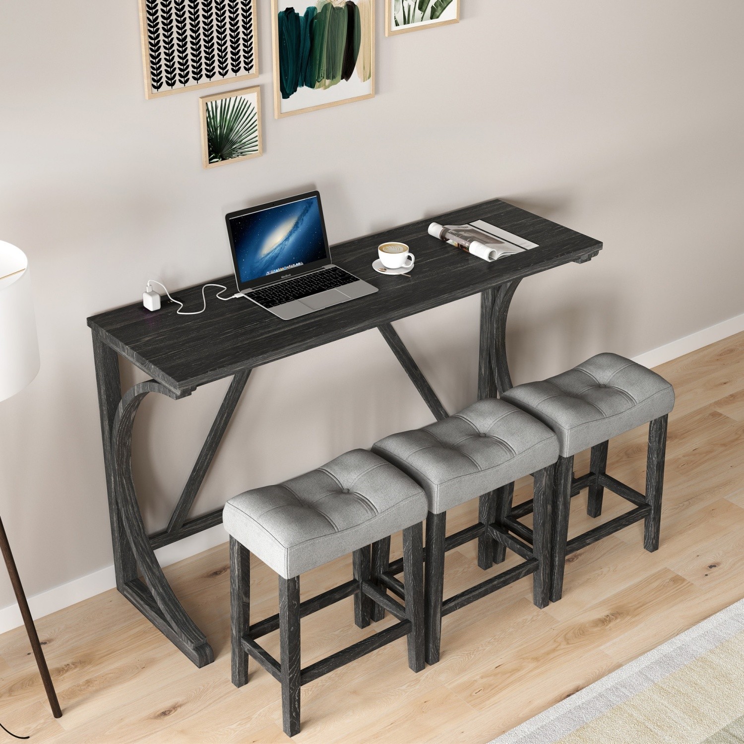 4 Piece Bar Table Set Kitchen Counter Height Table Dining Table w/ 3 Bar Stools