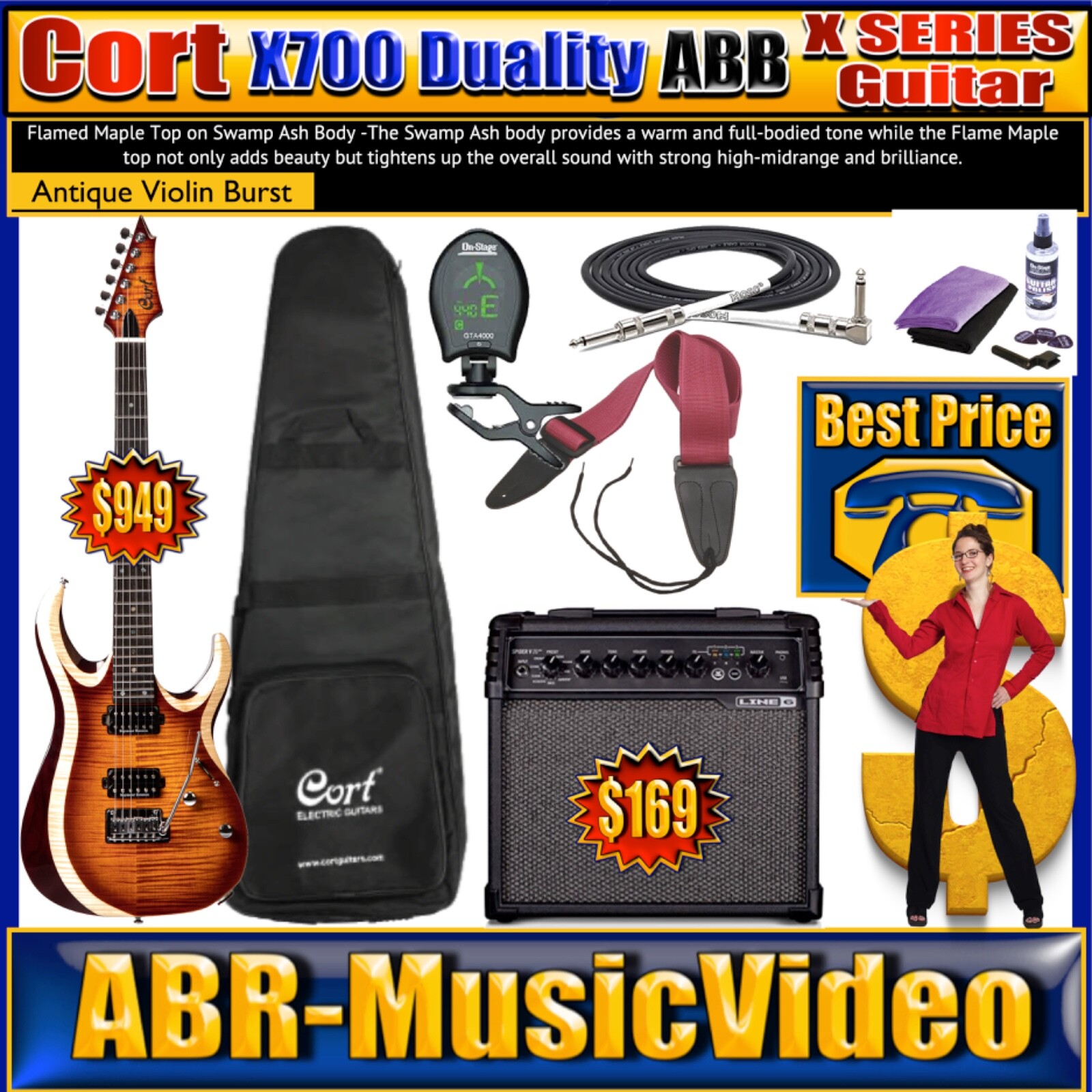 Cort X700 DUALITY AVB X Series Guitar & Line 6 Spider V 20 MkII 1x8" 20-watt