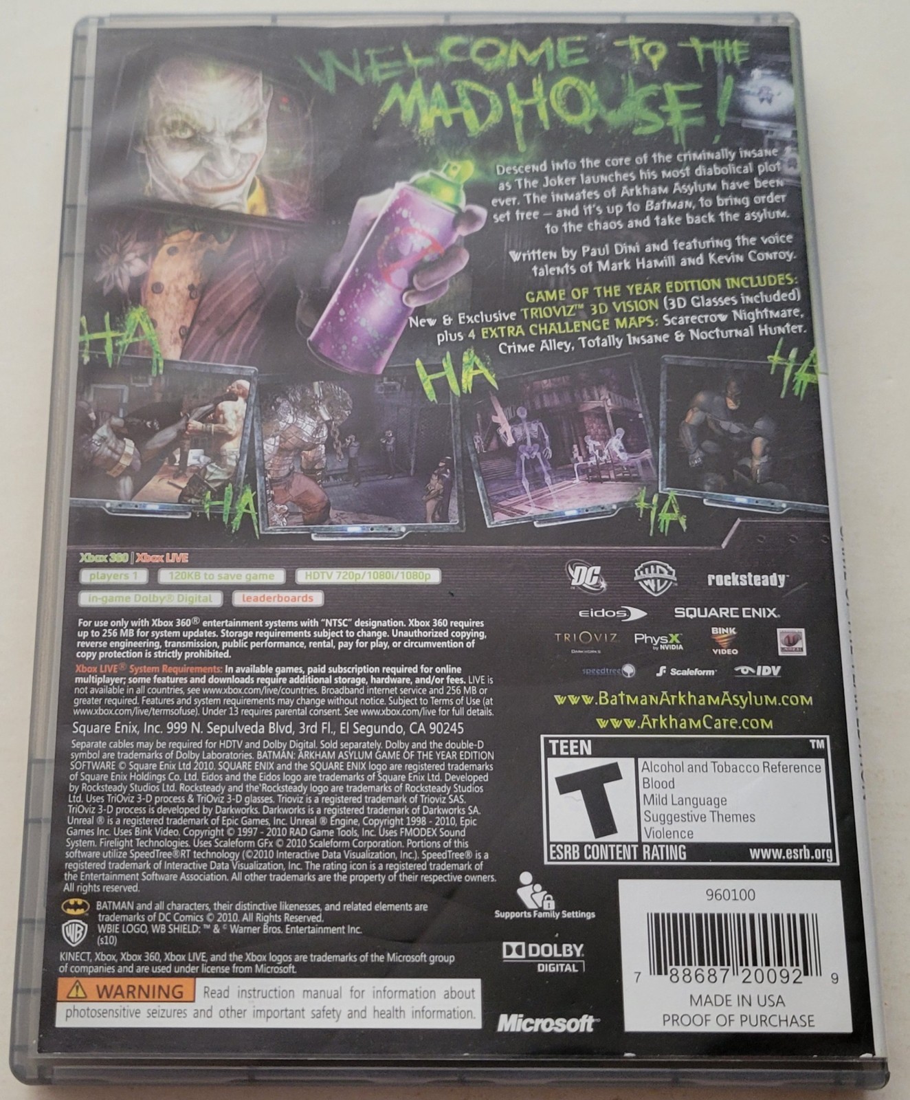 CASE & MANUAL ONLY - Batman: Arkham Asylum (Xbox 360, 2010) Acceptable Cond!