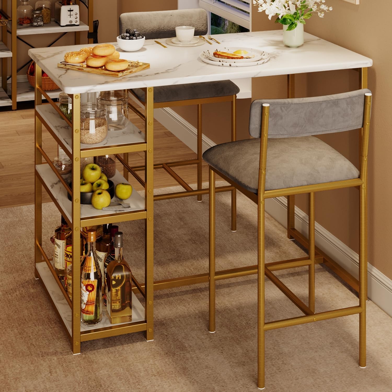 3 pcs Dining Table Set for 2 Kitchen Table Upholstered Chair Counter Height Bar
