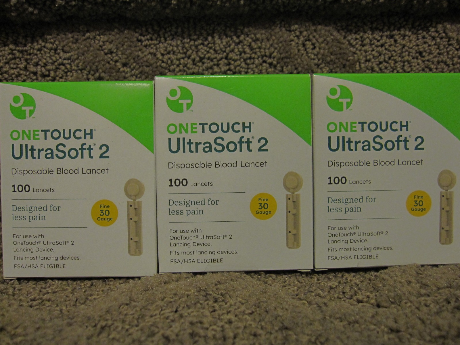 Lot of 3 Boxes 100ct ea ONE TOUCH UltraSoft 2 Lancets 30G 08/2029