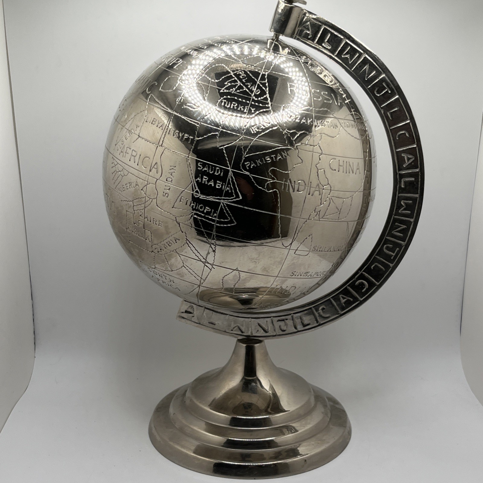 13.5” MCM Silver Metal Chrome World Globe Map Rotating Desktop Decor Heavy Large