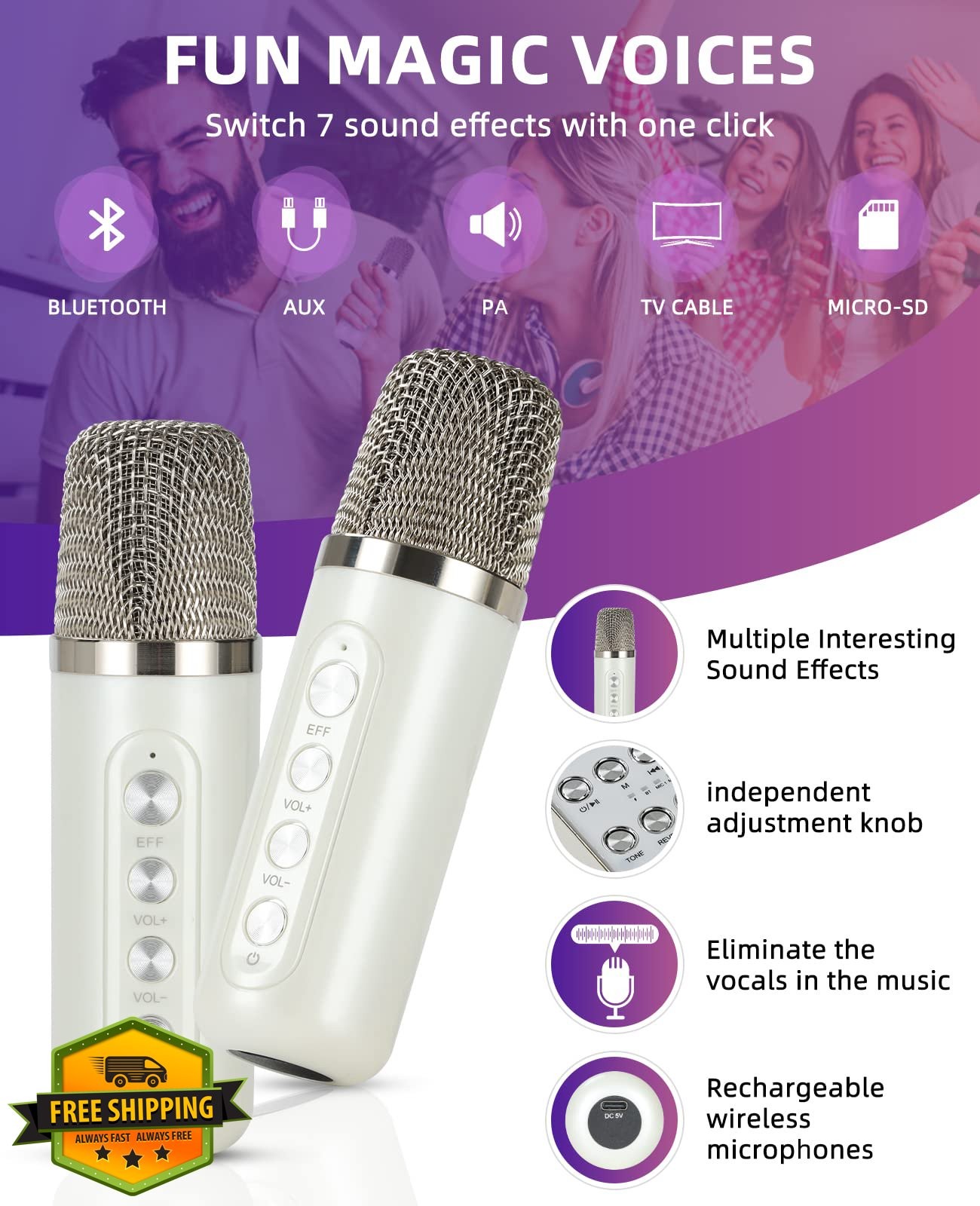 Off White Mini Karaoke Machine Bluetooth PA Speaker 2 Mics