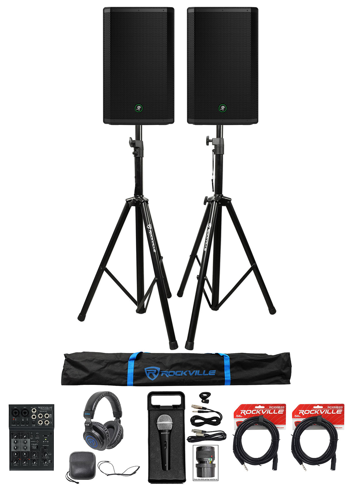 DJ Kit w/ (2) Mackie Thrash215 15" Powered Speakers+Mixer+Stands+Mic+Headphones