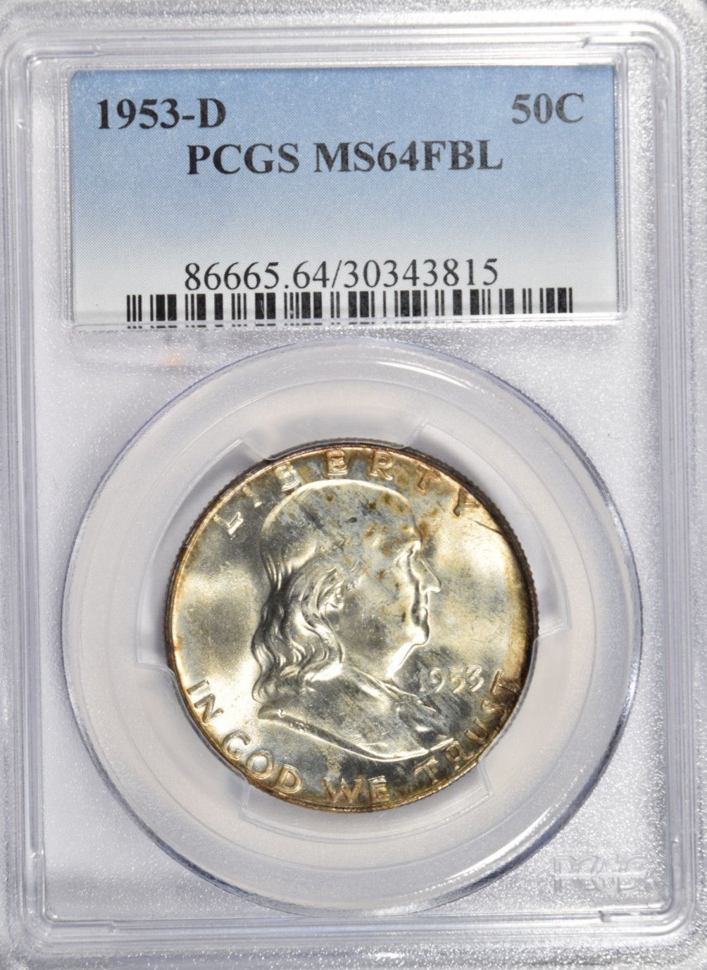 1953 D FRANKLIN HALF DOLLAR ~ PCGS MS64 FBL FULL BELL LINES ~ TONED! #815