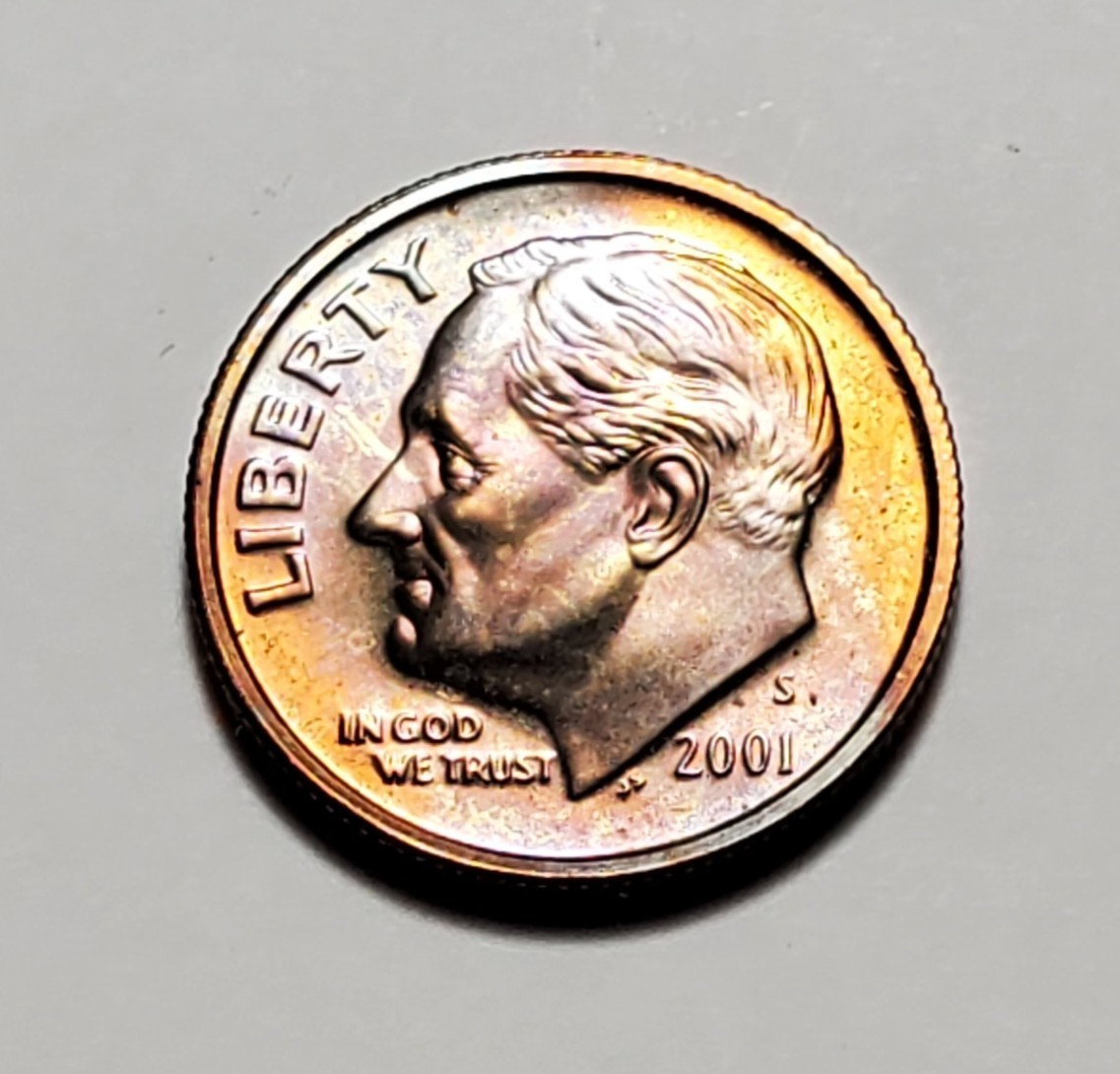 TONED 2001 S ROOSEVELT DIME CLAD PROOF UNC #C10763