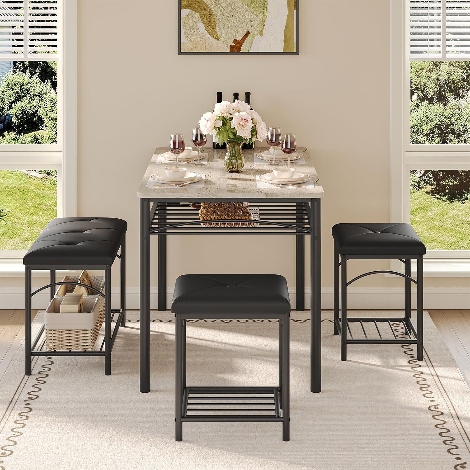 Dining Table Set for 4 with Upholstered Benches and 2 Stools, Modern Space Savin