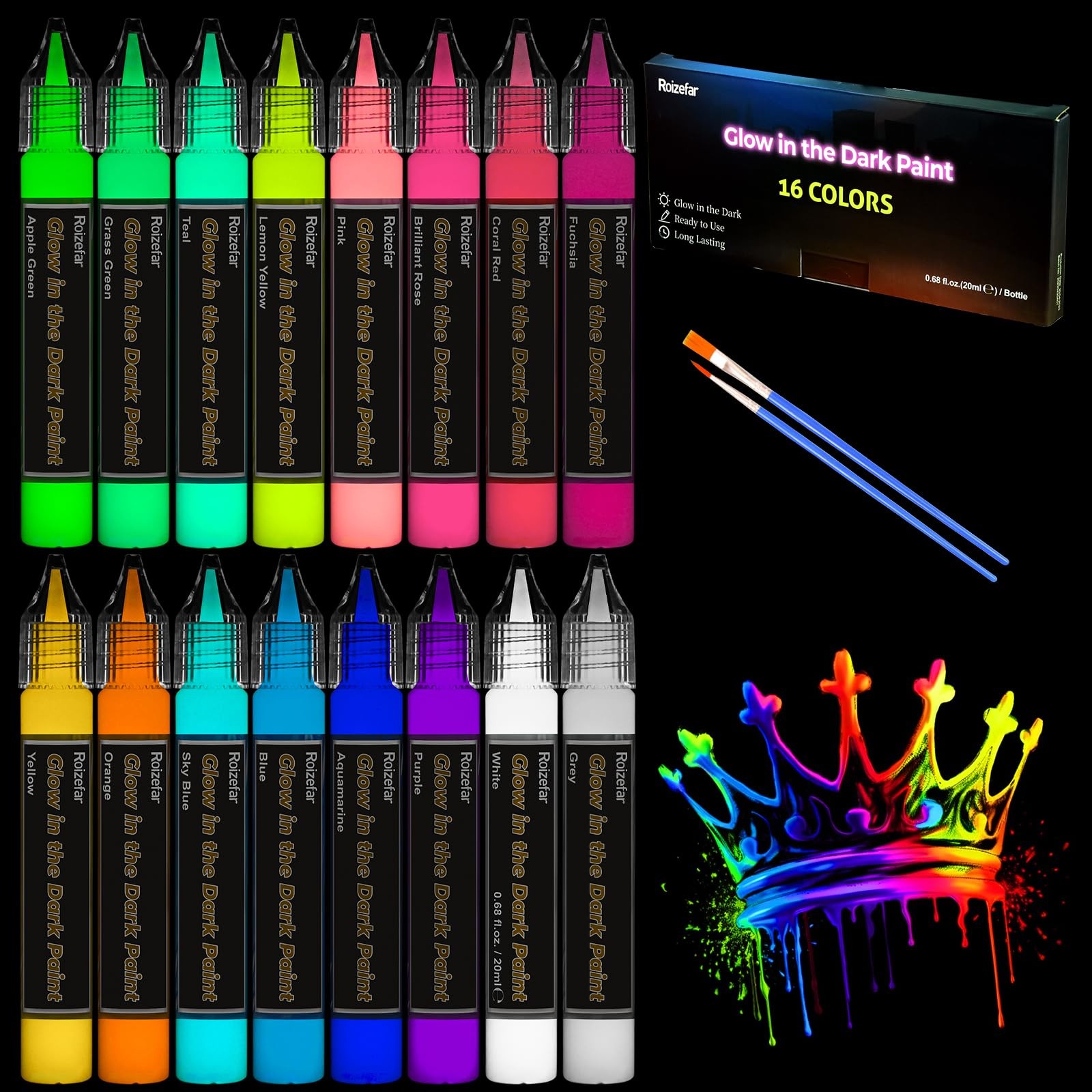 Glow in the Dark Paint, 16 Colors (20 ml /0.68 oz) 3D Permanent Acrylic Fabri...