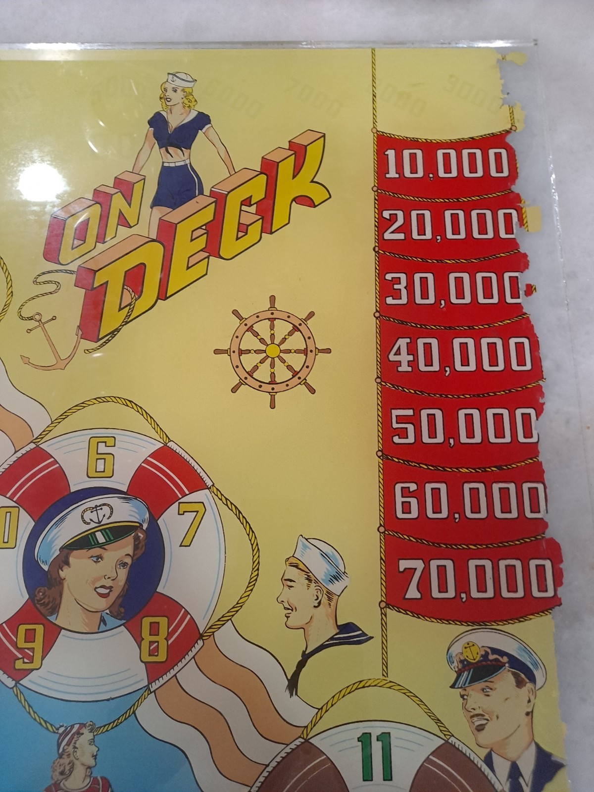 GOTTLIEB,S, ON DECK, Original Pinball Machine BACK GLASS, 1964