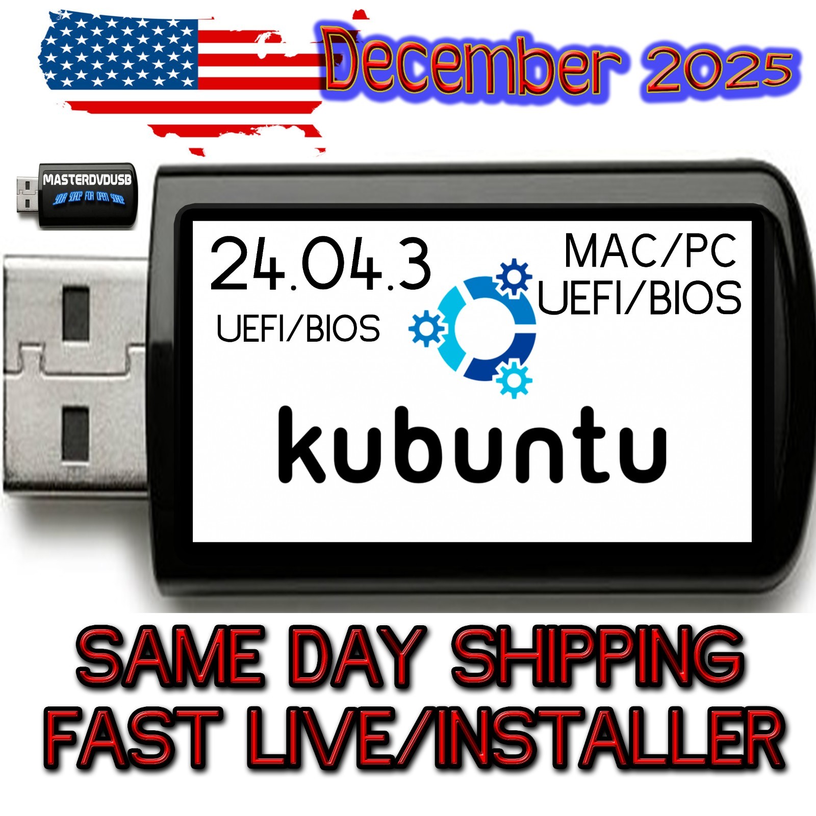 Kubuntu 24.04.3 LTS USB Live Installer – Plasma 5 Desktop – UEFI/BIOS – Fast USA