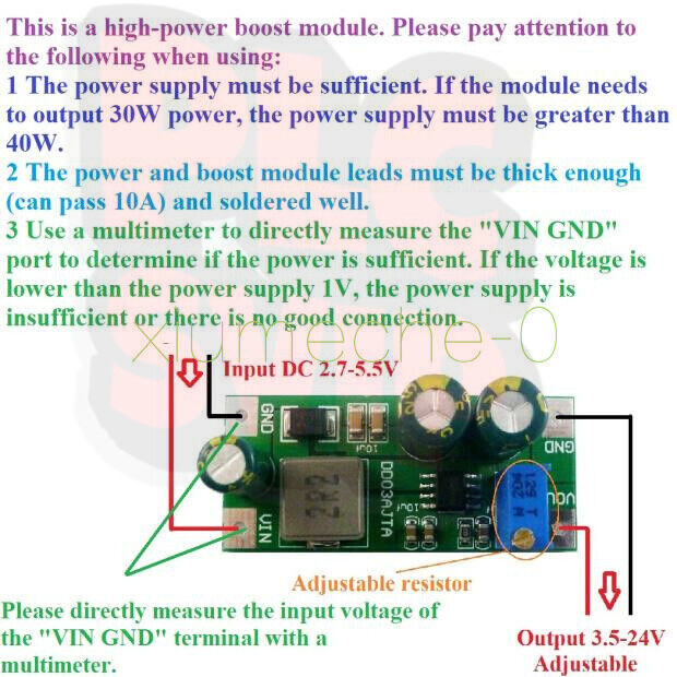 6A 30W Adjustable Boost Converter Step-Up Module DC 2.7-5.5V to 3.5-24V DC-DC